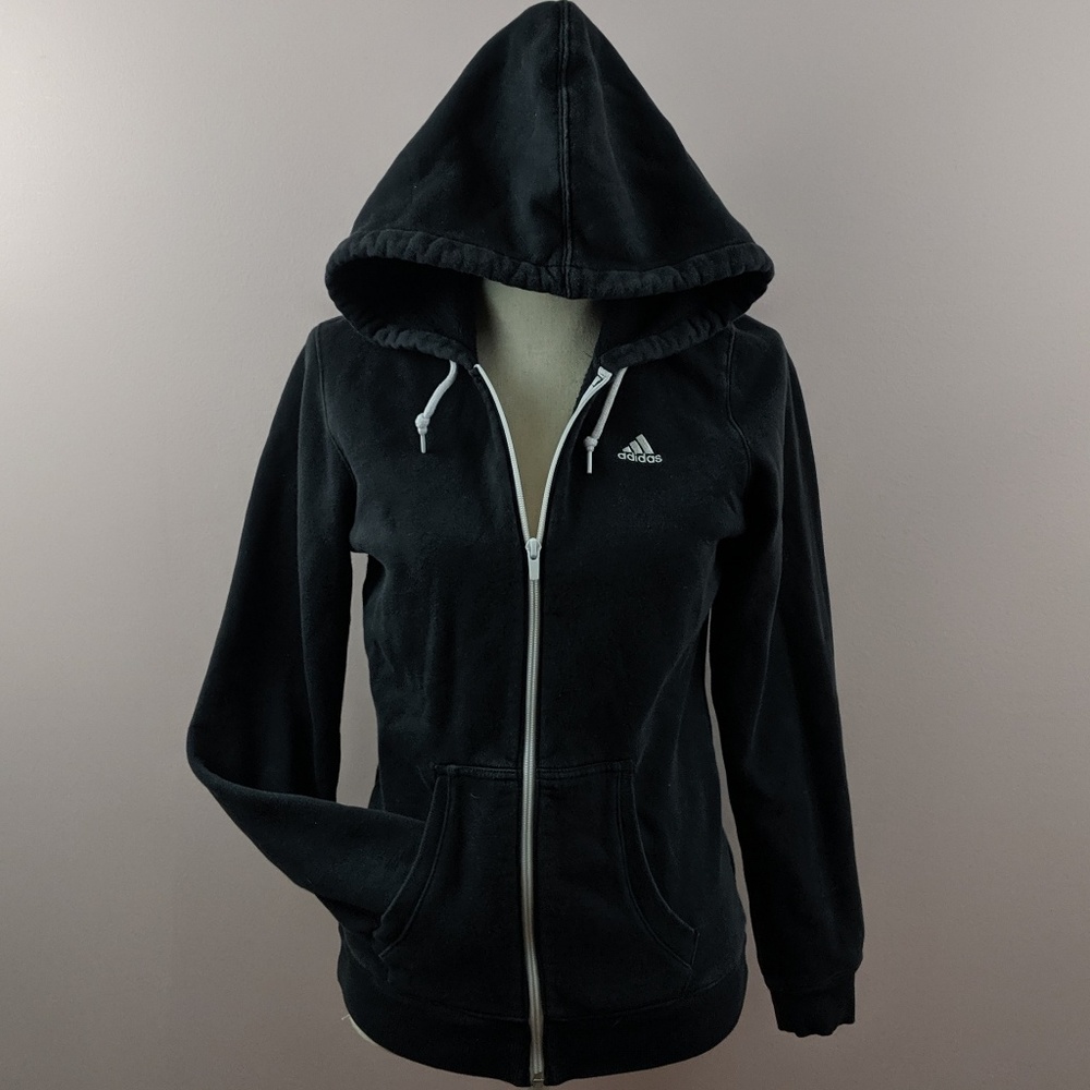 Adidas Zip Up Drawstring Black & White Hoodie